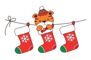 Christmas tiger in a boot. Vector Set of Cute Cartoon Christmas socks.