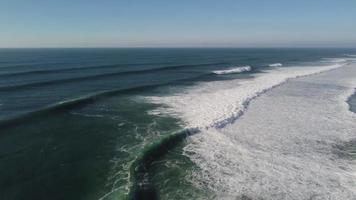 Drone video of the big waves of Nazare in Portugal during a surf swell.