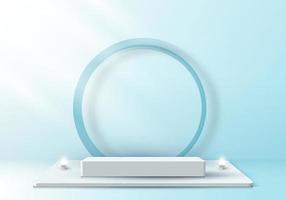 3D realistic elegant display white pedestal podium with circle backdrop on soft blue color studio room background vector