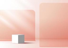 3D modern white cube podium with beige glass transparency backdrop minimal wall scene background vector