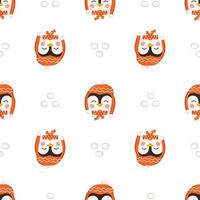 Seamless pattern with penguins in children style with holiday decorations for New Year and Christmas. Festive print of funny animals with caps and bows. Vector flat illustration