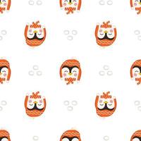 Seamless pattern with penguins in children style with holiday decorations for New Year and Christmas. Festive print of funny animals with caps and bows. Vector flat illustration