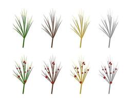 Set of brown, green, silver and gold fir needles or branch with red berries for decoration of New Year, Christmas, holiday and design elements. Vector flat illustration