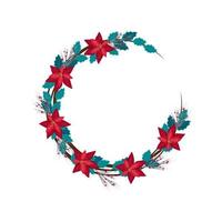 Marco navideño redondo de ramas y flor de nochebuena roja con decoración de hojas y bayas de acebo. decoración festiva para año nuevo y vacaciones de invierno. vector