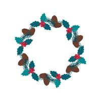 Round Christmas wreath of blue spruce branches with cones, leaves and holly berries. Festive decoration for the New Year and interior decor vector
