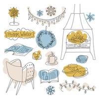 Set Doodle linear objects of the cozy home Hygge Winter Decorations, fireplace, candle, book, mug and comfortable armchair. Vector illustration in Scandinavian, Nordic style. Hand drawn line art