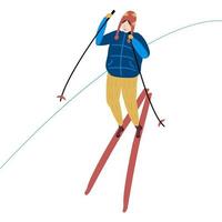Esquí de deportes de invierno. una persona es esquiador en las montañas en un día de invierno. esquí y ropa deportiva de abrigo. chica en ropa de invierno. Ilustración de dibujos animados plana, vector aislado sobre fondo blanco