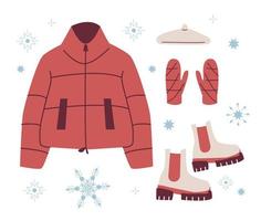 Set trendy Winter clothed. Down jacket, mittens, beret, boots. Modern Clothing for spring, autumn or winter. Vector illustration in flat style isolated on white background