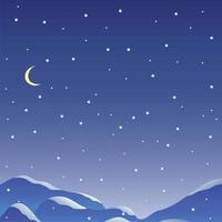 Navy blue Starry Night Sky or falling Snow and moon and mountains, beautiful Winter-time landscape background for your text or any Winter design. Vector illustration