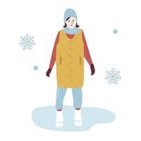 mujer en un paseo de invierno en ropa de abrigo de moda. chica en ropa de invierno abrigada entre copos de nieve caminando en el parque. ilustración vectorial en estilo plano aislado sobre fondo blanco vector