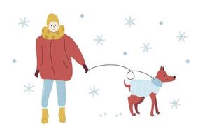 mujer en un paseo de invierno en ropa de abrigo de moda paseando al perro. chica en ropa de abrigo de invierno entre copos de nieve en el parque junto con la mascota. ilustración vectorial en plano para cartel, tarjeta, sitio web, banner vector