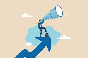 Business opportunity or investment and market prediction, future growth or career development vision, profit and earning forecast concept, businessman climb up rising arrow with big telescope spyglass vector
