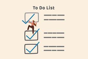 Complete to do list, accomplish project plan or finish tasks in schedule help achieve business goal and objective done, businesswoman climb up todo list to tick finished working project task checkbox. vector