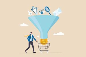 Sales funnel or online marketing conversion rate, customer flow from awareness, click and purchase product on e-commerce website, businessman holding shopping cart with money coin from sales funnel. vector