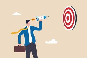 Startup success target, launch new product aim for win business achievement, marketing goal or target, project plan concept, confidence businessman launch new rocket to hit target dartboard bullseye. vector