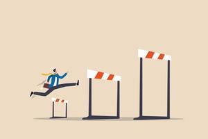 Business challenge, overcome difficulty or obstacle to achieve business success, effort, skill or aspiration to solve problem concept, ambitious businessman jump over hurdles to find higher obstacles. vector