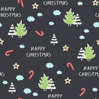 patrón transparente negro con líneas de árboles de Navidad y estrellas y nubes de doodle. textura de invierno, textiles feliz navidad, papel tapiz para niños. vector