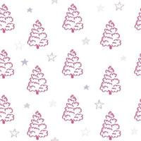 White seamless pattern with pink Christmas tree lines and doodle stars. Winter texture, textiles, children wallpaper. vector
