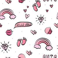 Hand drawn cute doodle with pink rainbow, diamond, girl, footprints, cupcake, hearts white seamless love pattern. For Valentine's Day, weddings. vector