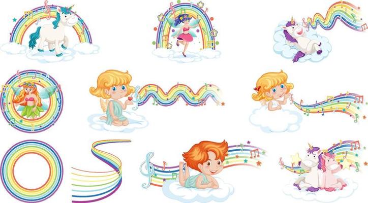 Set of fantasy fairies and cupids with rainbow elements