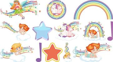 Set of fantasy fairies and cupids with rainbow elements vector