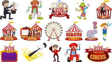 conjunto de personajes de circo y elementos del parque de atracciones. vector