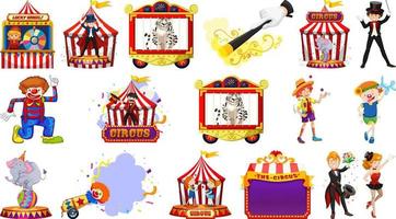 conjunto de personajes de circo y elementos del parque de atracciones. vector