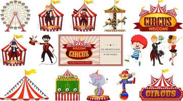 Set of circus characters and amusement park elements vector