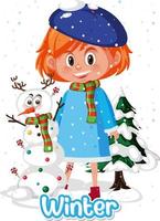 Cute girl in winter costume with a snowman vector