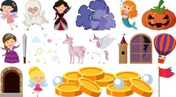 Set of isolated fairytale cartoon characters and objects vector