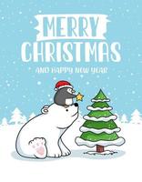 polar bear and penguin merry christmas card vector