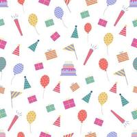 Seamless pattern with Festive Birthday Party objects. Gift boxes and confetti, balloons and flags, cake and caps vector