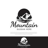 paisaje de colinas, árboles, sol, pico de la montaña, río, arroyo, simple, logotipo, diseño, vector