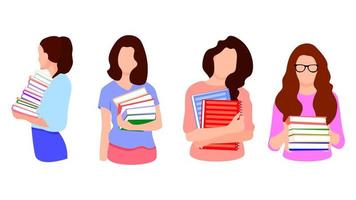 Woman with books set. Isolated character icons in flat style. Education student teacher library person. vector
