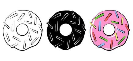 Donut isolated icon set. Vector sweets illustration. Logo bakery design element. Menu graphic sugar food. Cartoon, flat doodle drawing outline sketch style. Monochrome emblem print. Simple breakfast.