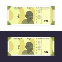 India nuevos billetes de 20 rupias en fondo blanco. vector