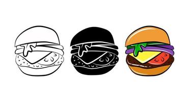 Burger isolated vector icon. Fast food cartoon outline sketch set. Package logo design element. Street unhealthy food. Tasty meal print. Simple emblem template. Graphic monochrome symbol. Menu sign.