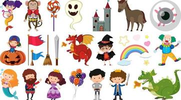 Set of isolated fairytale cartoon characters and objects vector