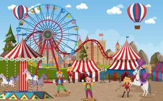 Amusement park scene with ferris wheel and circus dome vector