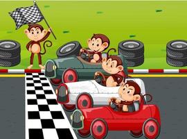 Race track scene with monkey racing drivers vector