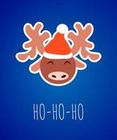 Reindeer head sticker in red santa hat Christmas celebration vector illustration flat card funny character new year winter concept