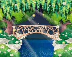 Escena de jardín encantado con puente de piedra. vector