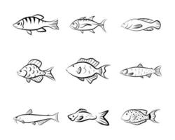 Doodle fish icon set vector