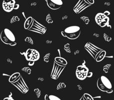 Doodle coffee drink cup seamless pattern hand drawn illustration. Black and white flat background wallpaper. vector