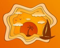 sunset with coconut tree by paper cut style vector