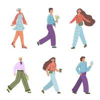 Set of cute walking people. Men and women are walking vector