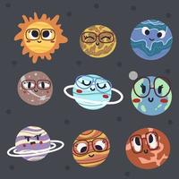 Cute planets of Solar system with happy faces. Funny celestial objects in outer space. Pretty astronomical bodies orbiting Sun. Astronomy for children. Childish flat cartoon vector illustration.