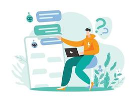 Talking to chat widget illustration, Man chatting with chat bot, Chatbot concept vector