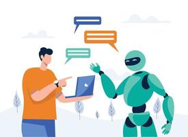 Artificial intelligence doing tasks at laptop. automatic agent assignment, Robot chat with man illustration concept vector