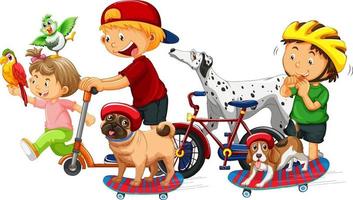 Children with their dogs and cats on white background vector